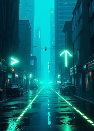 A futuristic city street at night, lit by neon green arrows and glowing lines on the wet pavement. Tall buildings line both sides, with parked cars and a foggy blue ambience.