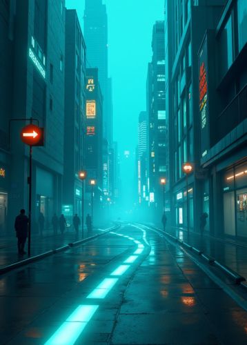 A futuristic city street at night with glowing blue lines on wet pavement, tall buildings with neon signs and silhouettes of people walking through the foggy atmosphere.
