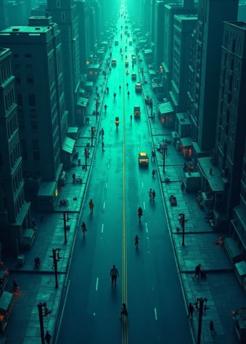 A city street stretching into the distance, lined with tall buildings on both sides. People and vehicles are scattered along the wet road, and the teal and orange lighting creates a moody, futuristic atmosphere.