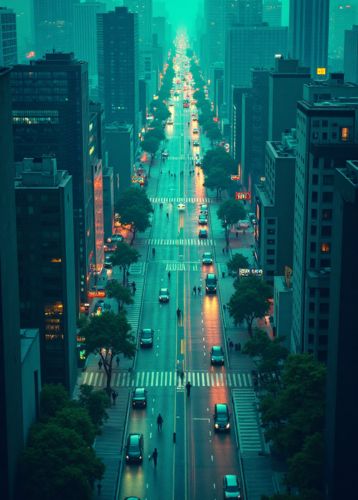 A wide city street stretching into the distance, flanked by tall buildings. Cars and pedestrians move along the wet road, lit in the early evening by the reflections of street lamps and neon signs.