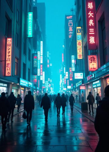 A group of people walking along a wet street at night, lit by colourful Japanese neon signs, in a hazy, blue-lit atmosphere.