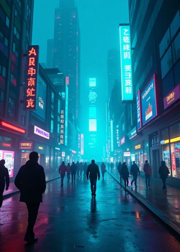 People walking along a neon-lit street at night, surrounded by tall buildings with glowing signs in various languages. The foggy scene creates a futuristic, atmospheric mood.