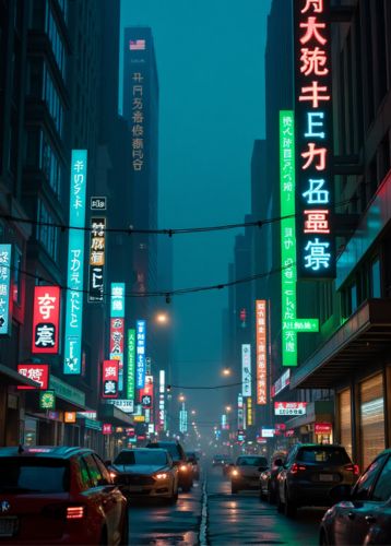 A night-time street in the rain, lined with tall buildings and colourful glowing Japanese neon signs. Cars drive through wet streets while a hazy blue mist fills the air, creating a vibrant urban scene.