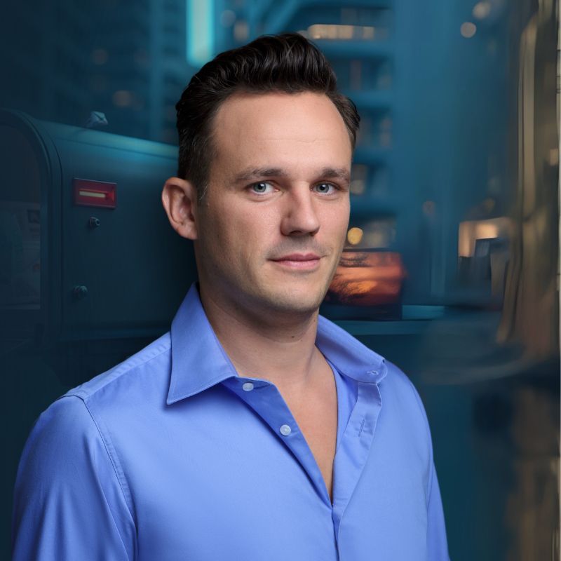 Ein Mann mit kurzen dunklen Haaren, der ein hellblaues Button-up-Hemd trägt, steht vor einem verschwommenen Stadthintergrund, in dem Gebäude und ein Briefkasten zu sehen sind - ideal für das Kanzleiblog-Profil.