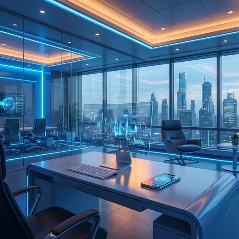 Ein modernes, futuristisches Büro mit blauer LED-Beleuchtung, großen Glasfenstern mit Blick auf die Skyline der Stadt, einem eleganten Schreibtisch mit einer Online-Notarplattform auf einem transparenten Computerbildschirm, der digitale Daten anzeigt, und einem Ledersessel.