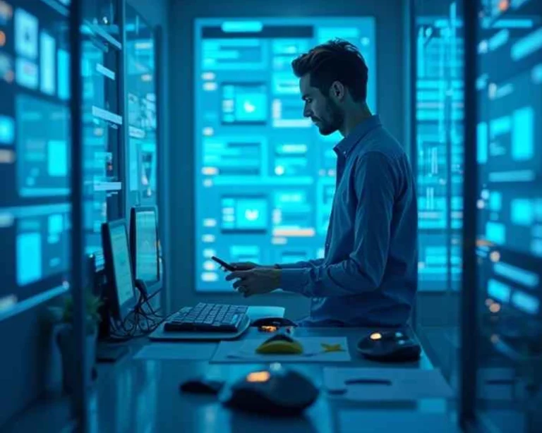A man at a desk in a dimly lit room with glowing blue screens, working on a computer and using his phone.