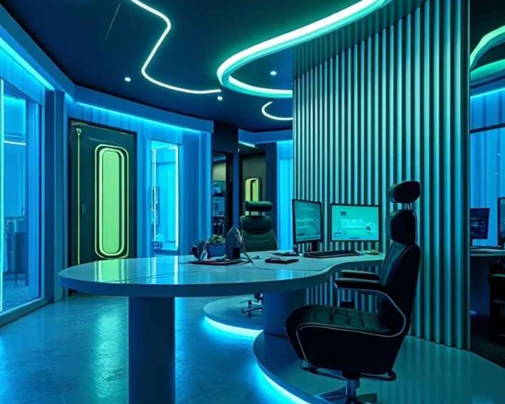 Ein modernes Büro mit neonblauer und grüner LED-Beleuchtung, mit rundem Schreibtisch, schwarzen Bürostühlen, Computermonitoren und glatten Glaswänden - perfekt für Hightech-Aufgaben wie die notarielle Beglaubigung in einem futuristischen Umfeld.