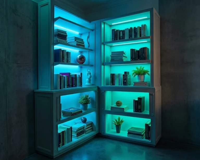 Corner shelves with blue and green LED lighting hold books, small plants and decorative objects in a modern room with concrete walls and a polished floor.