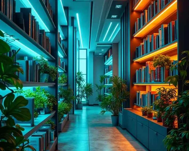 A modern library with tall bookshelves lit by blue and orange neon light, with books, green potted plants and a quiet corner, creating a vibrant and cosy atmosphere.