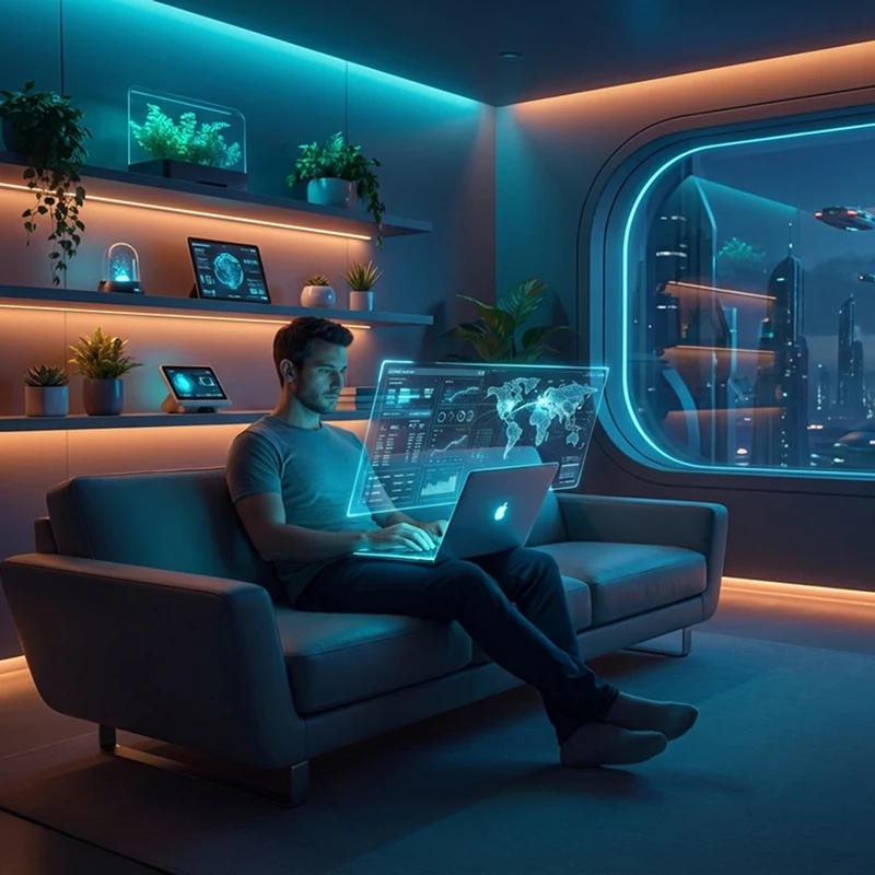 Ein Mann sitzt auf einem modernen Sofa und nutzt seinen Laptop für Online-Notardienste, umgeben von futuristischen holografischen Bildschirmen. Neonblaue Beleuchtung, Topfpflanzen, digitale Anzeigen und eine durch ein großes Fenster sichtbare Stadtlandschaft vervollständigen die Szene.