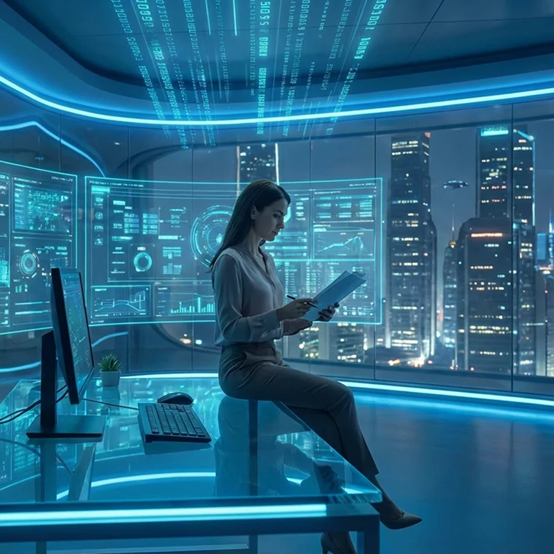 Eine Frau sitzt an einem gläsernen Schreibtisch in einem futuristischen Büro und arbeitet an einem Tablet. Digitale Daten und holografische Anzeigen, darunter ein Online-Notar-Service, umgeben sie, während die Skyline der Stadt nachts durch große Fenster leuchtet.