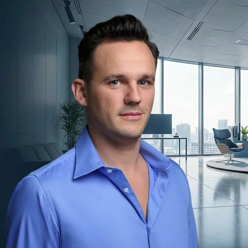 Ein Mann mit kurzen dunklen Haaren und blauen Augen, der ein hellblaues Hemd trägt, steht in einem modernen Büro mit großen Fenstern und Blick auf die Stadt - bereit, Kunden als Online-Notar zu unterstützen.