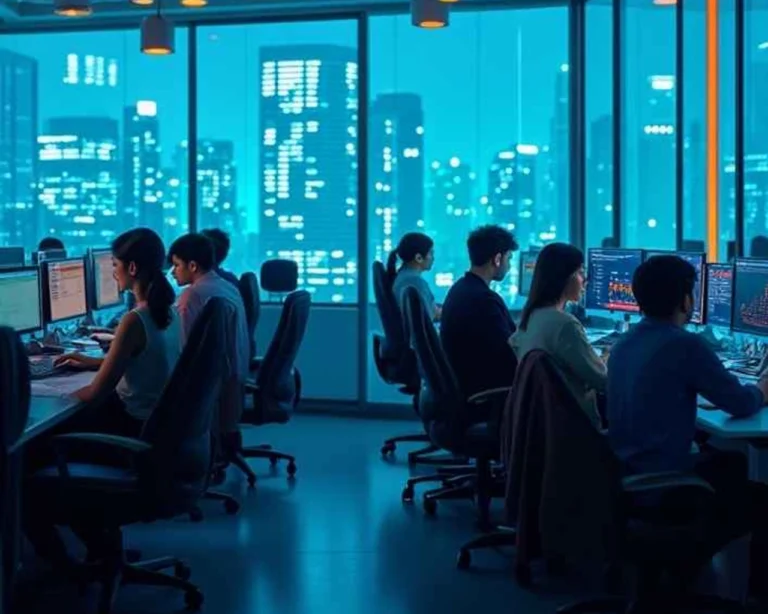 Menschen arbeiten an Computerschreibtischen in einem modernen Büro bei Nacht, die Wolkenkratzer der Stadt leuchten durch große Fenster. In der konzentrierten, professionellen Atmosphäre recherchiert ein Mitarbeiter in der "patientenverfügung notar" für wichtige juristische Unterlagen.