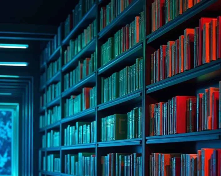 A dimly lit library with tall shelves full of books, lit in blue and red light, with daylight falling through the window.