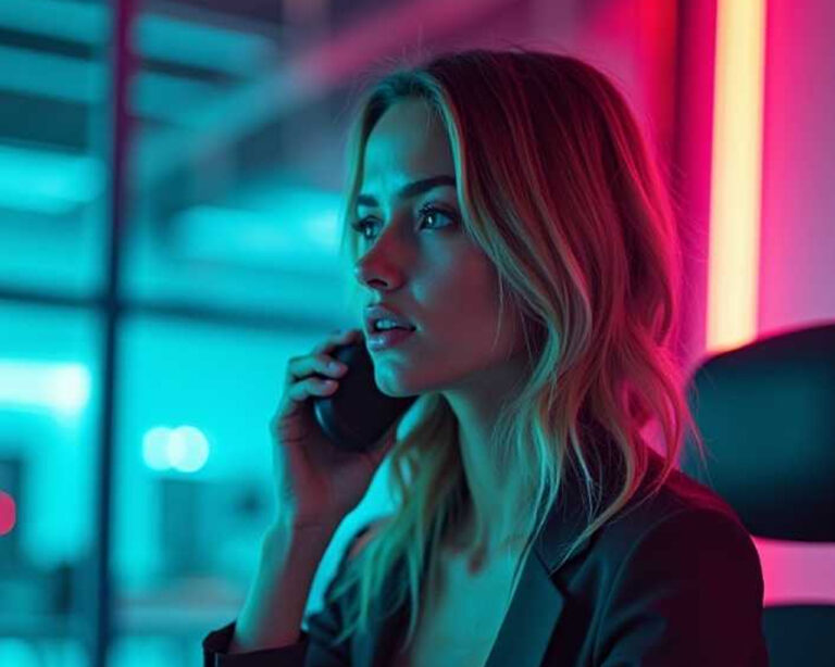 A woman with long blonde hair sits in a house talking on the phone, lit by strong blue and pink neon light, looking focused.