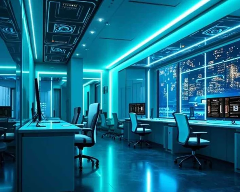 A modern, futuristic office with glowing blue lights, sleek desks, ergonomic chairs and several computer monitors. Large windows show the city skyline lit up at night. The room is empty.