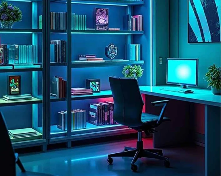 Ein modernes Heimbüro mit einem Schreibtisch, einem Computer, einem schwarzen Stuhl und Regalen voller Bücher, beleuchtet von blauer und rosa LED-Beleuchtung. Topfpflanzen, digitale Kunstwerke und ein Ordner mit der Aufschrift "Patientenverfügung Notar" verleihen dem Raum eine besondere Note.