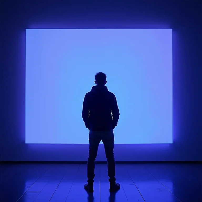 Eine Person steht vor einem großen, blau leuchtenden, rechteckigen Bildschirm in einem dunklen Raum. Ihre Silhouette spiegelt den Moment wider, in dem sie beginnt, vor dem beleuchteten Hintergrund unternehmenszweckorientiert zu formulieren.