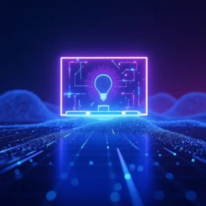 Ein leuchtendes Neon-Glühbirnen-Symbol erscheint auf einem futuristischen digitalen Bildschirm, umgeben von schaltkreisähnlichen Grafiken, die symbolisieren, wie man inmitten eines Gitters aus blauen Lichtern in einer kybernetischen Landschaft unternehmenszweckformuliert.