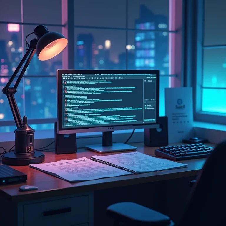 Ein moderner Schreibtisch mit einem Computermonitor, auf dem ein Code angezeigt wird, ein aufgeschlagenes Notizbuch mit dem Titel "Gesellschaftsvertrag oder Musterprotokoll", eine Tastatur, eine Schreibtischlampe und die Lichter der Stadt durch große Fenster. Kühle blaue und violette Töne leuchten in der Nacht.