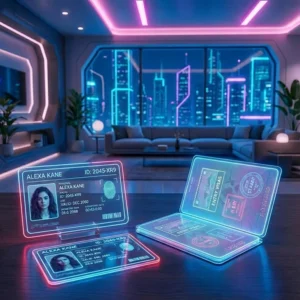 Ein futuristischer Raum mit Neonlicht, großen Fenstern mit Blick auf die Skyline der Stadt und durchsichtigen digitalen Ausweisen, die auf einem Schreibtisch leuchten - perfekt, um zu sortieren, was zu notartermin mitgebracht wurde, denn jede Karte zeigt deutlich das Foto einer Frau und ihre persönlichen Daten.