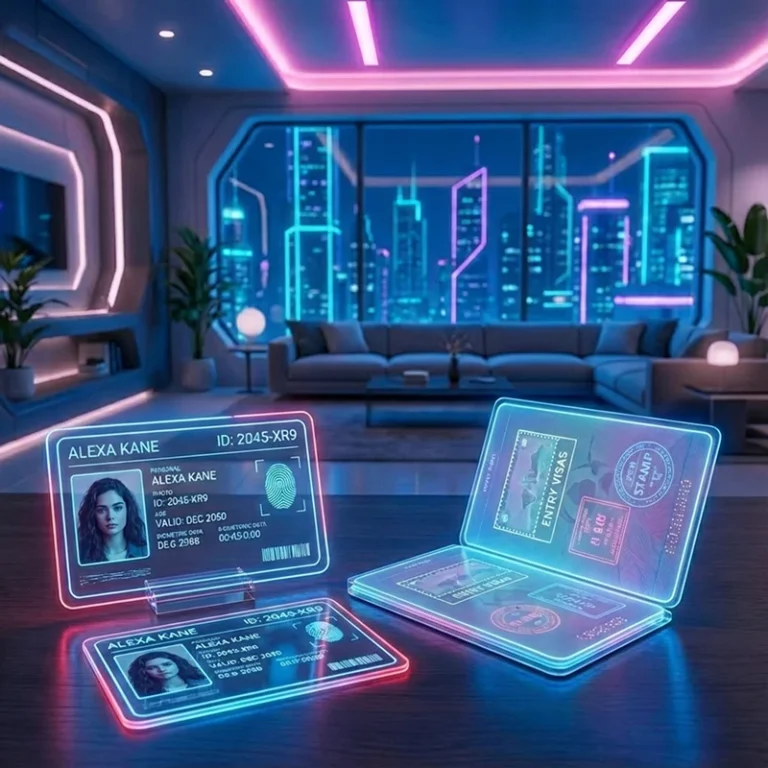 Ein futuristischer Raum mit Neonlicht, großen Fenstern mit Blick auf die Skyline der Stadt und durchsichtigen digitalen Ausweisen, die auf einem Schreibtisch leuchten - perfekt, um zu sortieren, was zu notartermin mitgebracht wurde, denn jede Karte zeigt deutlich das Foto einer Frau und ihre persönlichen Daten.