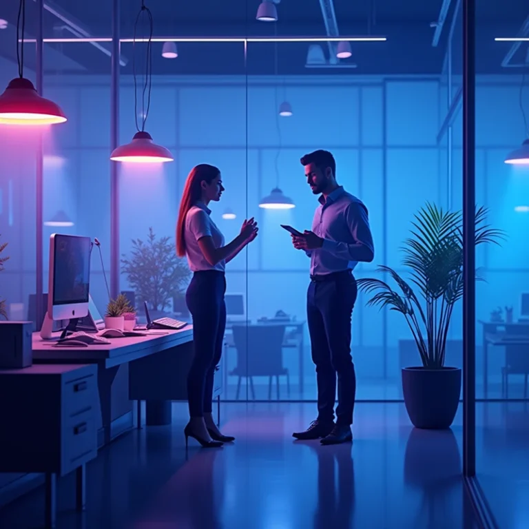 Eine Frau und ein Mann unterhalten sich in einem modernen Büro mit Glaswänden, Pflanzen und Computern, das von blauem und rosa Neonlicht erhellt wird, darüber, wie man eine Gesellschaft aufbaut.