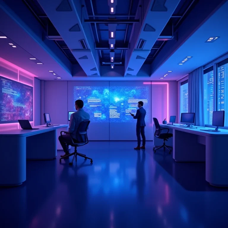 Zwei Personen arbeiten in einem modernen, futuristischen Büro mit lila und blauen Lichtern, großen digitalen Bildschirmen, auf denen Daten und Grafiken angezeigt werden, und planen an Schreibtischen voller Computer innovative Strategien für den Aufbau der Gesellschaft.