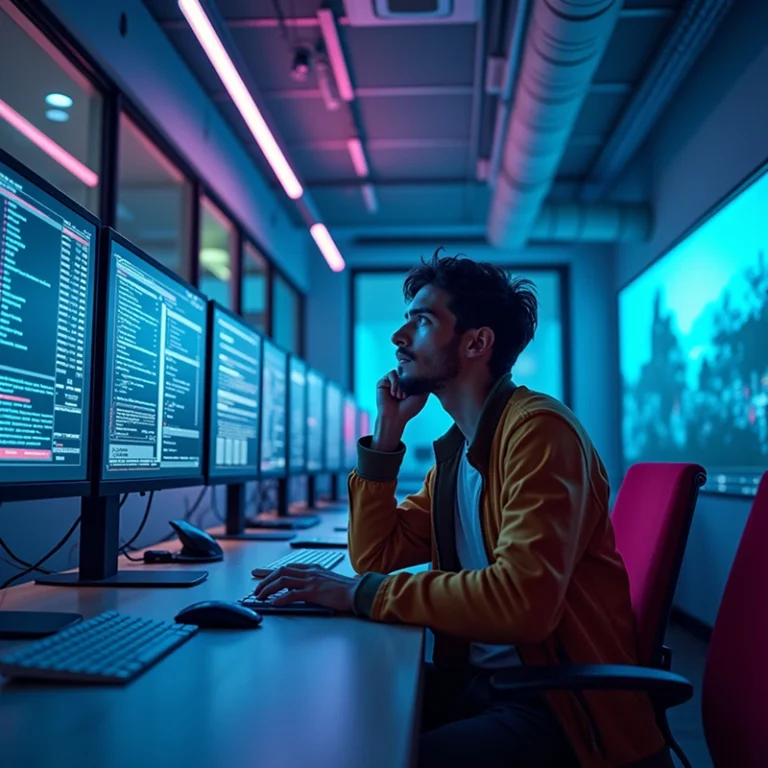 Ein Mann sitzt an einem Schreibtisch in einem modernen, schwach beleuchteten Büro und blickt nachdenklich auf mehrere Computermonitore, auf denen Codes und Daten über Gesellschaftsverträge oder Musterprotokolle angezeigt werden, während Neonlichter den Arbeitsbereich beleuchten.