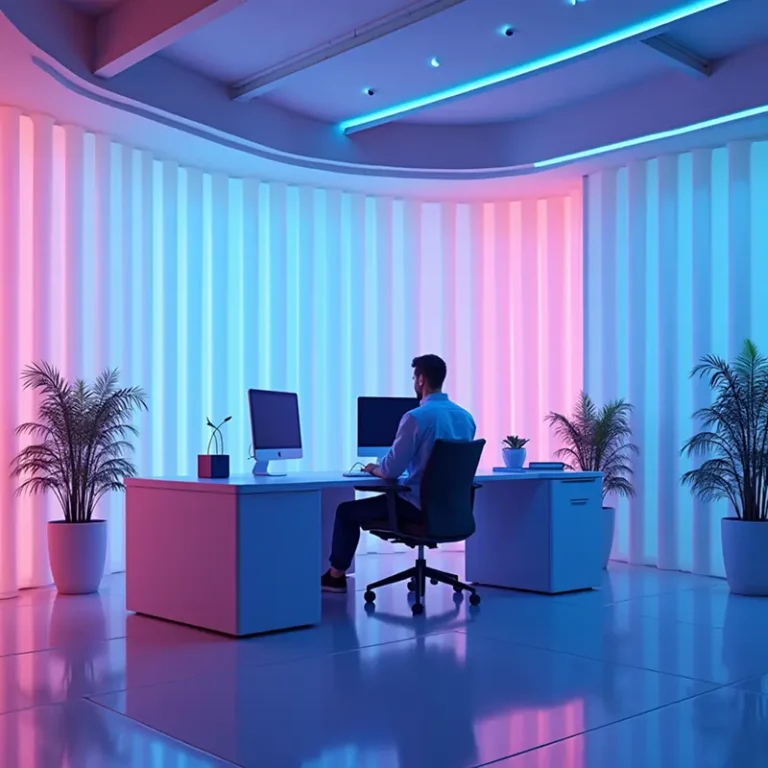 Ein Mann sitzt an einem modernen Schreibtisch mit Computern in einem eleganten Büro, umgeben von Topfpflanzen und geschwungenen Wänden, die mit rosa und blauen Neonlichtern erstrahlen - ein inspirierender Raum zum Selbständigmachen.