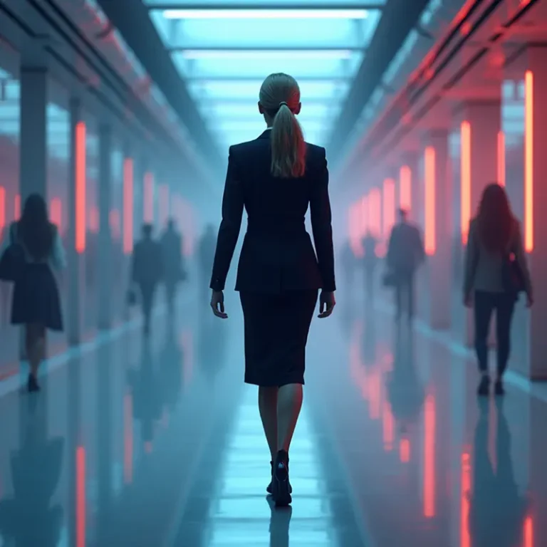 Eine Frau im Anzug geht einen futuristischen Flur mit leuchtenden Neonröhren entlang, die Atmosphäre erinnert an die Präzision der Vertretungsregelungen des Geschäftsführers, während im Hintergrund die Silhouetten anderer Personen zu sehen sind.