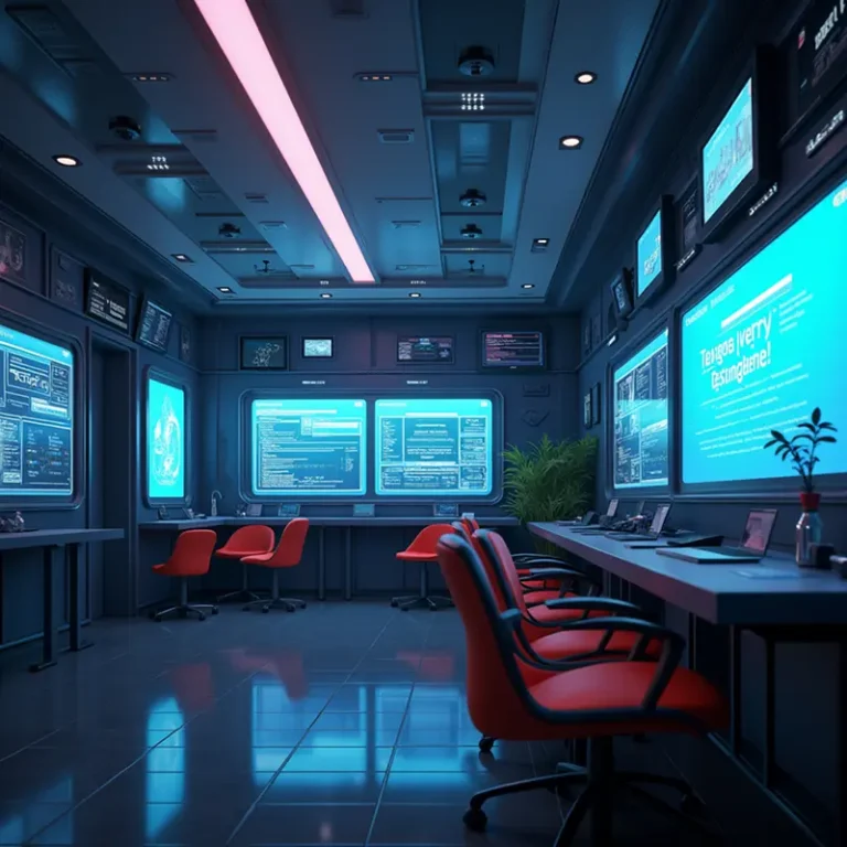 Ein moderner Kontrollraum mit großen digitalen Bildschirmen, die Daten anzeigen, mehreren Schreibtischen für die Verwaltung der Vertretungsregelungen des Geschäftsführers und roten Stühlen. Der Raum ist mit dunklen Wänden, schlichter Beleuchtung und Pflanzen ausgestattet, die für einen Hauch von Grün sorgen.