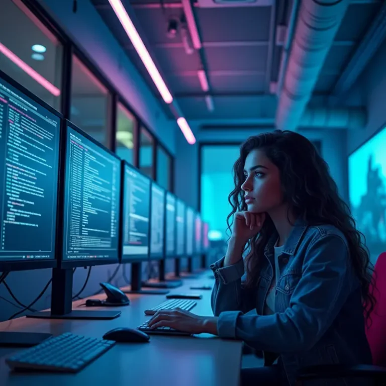 Eine Frau in Jeansjacke sitzt an einem Schreibtisch in einem modernen Büro, konzentriert auf einen Code, der auf mehreren Computermonitoren unter lila und blauem Neonlicht angezeigt wird, und fragt sich, ob sie bei Notartermin was mitbringen muss.