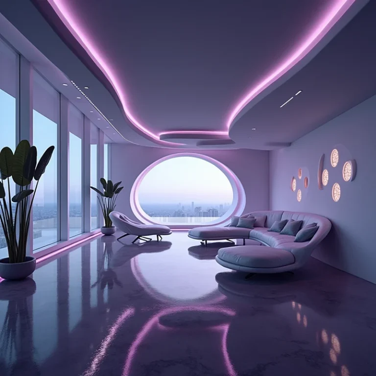 Ein modernes Wohnzimmer mit geschwungenen Möbeln, einem runden Fenster, violetten LED-Deckenleuchten, Wandkunst, zwei Topfpflanzen und großen Fenstern mit Blick auf die Stadt bei Sonnenuntergang - perfekt, um Rollen und Aufgaben der Gesellschafter stilvoll zu diskutieren.