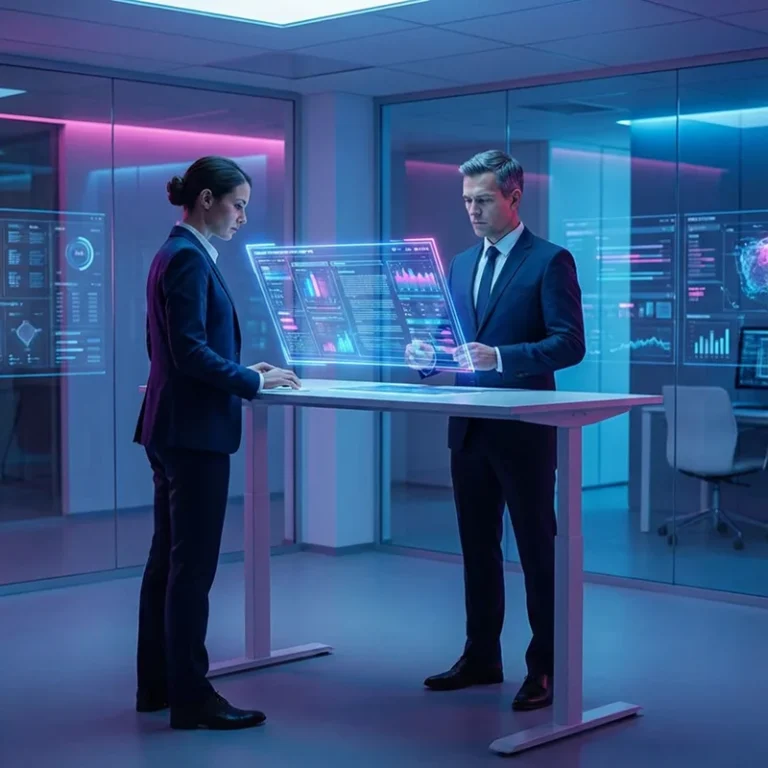 Zwei Geschäftsleute, darunter ausländische Gesellschafter und Geschäftsführer der GmbH, interagieren mit futuristischen holografischen Datendisplays an einem Stehpult in einem modernen Büro mit blauen und rosa Akzenten, umgeben von Bildschirmen mit Diagrammen und Grafiken.