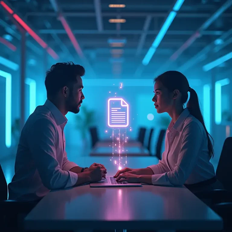 Zwei Menschen sitzen sich in einem modernen, neonbeleuchteten Büro an einem Tisch gegenüber. Zwischen ihnen schwebt über einem Laptop ein leuchtendes digitales Dokumentensymbol, das symbolisiert, wie sie gemeinsam einen Entwurf prüfen oder vom Notar beglaubigen lassen.