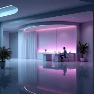 Eine Person arbeitet allein an einem modernen weißen Schreibtisch in einem schlichten, minimalistischen Büro, das von violetten und rosafarbenen Lichtern erhellt wird und über die Rollen und Aufgaben der Gesellschafter reflektiert. Topfpflanzen und glänzende Böden unterstreichen die farbenfrohe Atmosphäre.