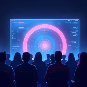 Eine Gruppe von Menschen sitzt vor einem großen digitalen Bildschirm und taucht in bunte, leuchtende, kreisförmige Datenvisualisierungen und Schnittstellenelemente ein, während sie in einem dunklen Raum gemeinsam an der Erstellung von Satzungen arbeiten.