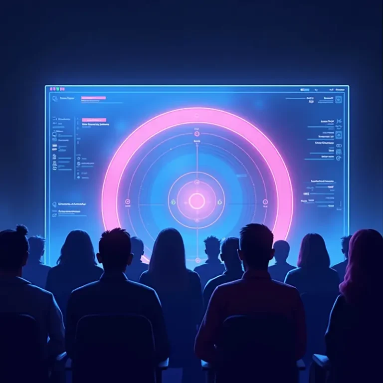 Eine Gruppe von Menschen sitzt vor einem großen digitalen Bildschirm und taucht in bunte, leuchtende, kreisförmige Datenvisualisierungen und Schnittstellenelemente ein, während sie in einem dunklen Raum gemeinsam an der Erstellung von Satzungen arbeiten.