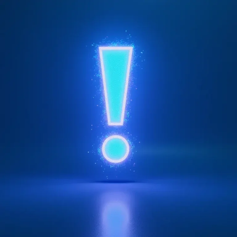 Ein leuchtend blaues Ausrufezeichen mit Glitzereffekt hebt sich von einem dunkelblauen Hintergrund ab und wirft eine weiche Reflexion darunter - perfekt zur Illustration von Themen wie satzung erstellen oder wichtigen organisatorischen Schritten.