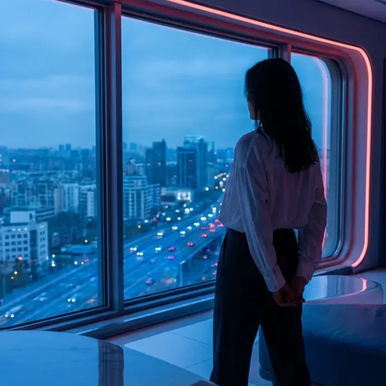 Eine Frau, möglicherweise eine ausländische Gesellschafterin und Geschäftsführerin der GmbH, steht an einem großen Fenster in einem modernen Raum und blickt auf eine Stadtlandschaft mit belebten Straßen in der Abenddämmerung. Blaue und rosafarbene Beleuchtung schaffen eine futuristische Atmosphäre.