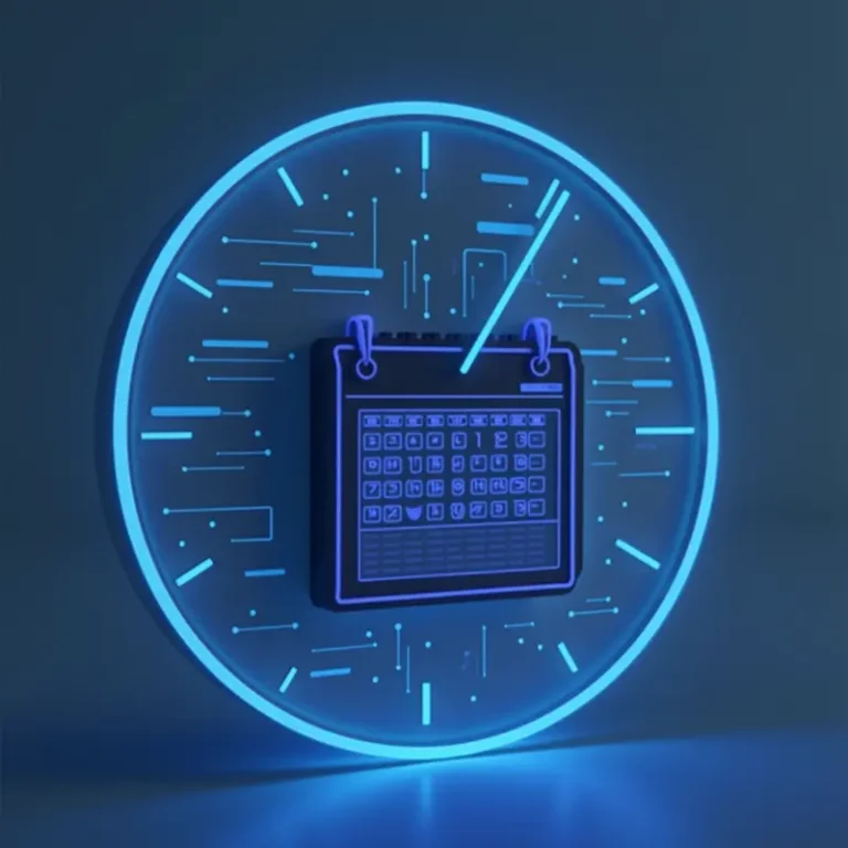 Ein blau leuchtendes digitales Ziffernblatt umgibt ein futuristisches Kalendersymbol mit stilisierten Stundenmarkierungen und Schaltkreismustern - eine innovative Anspielung auf dauer gmbh gründen - vor einem dunklen Hintergrund.