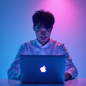 Ein junger Mann im weißen Hemd sitzt an einem Schreibtisch mit einem Apple-Laptop, der von blauem und rosafarbenem Verlaufslicht beleuchtet wird, und konzentriert sich auf den Bildschirm, während er über Rechtsformwahl recherchiert.