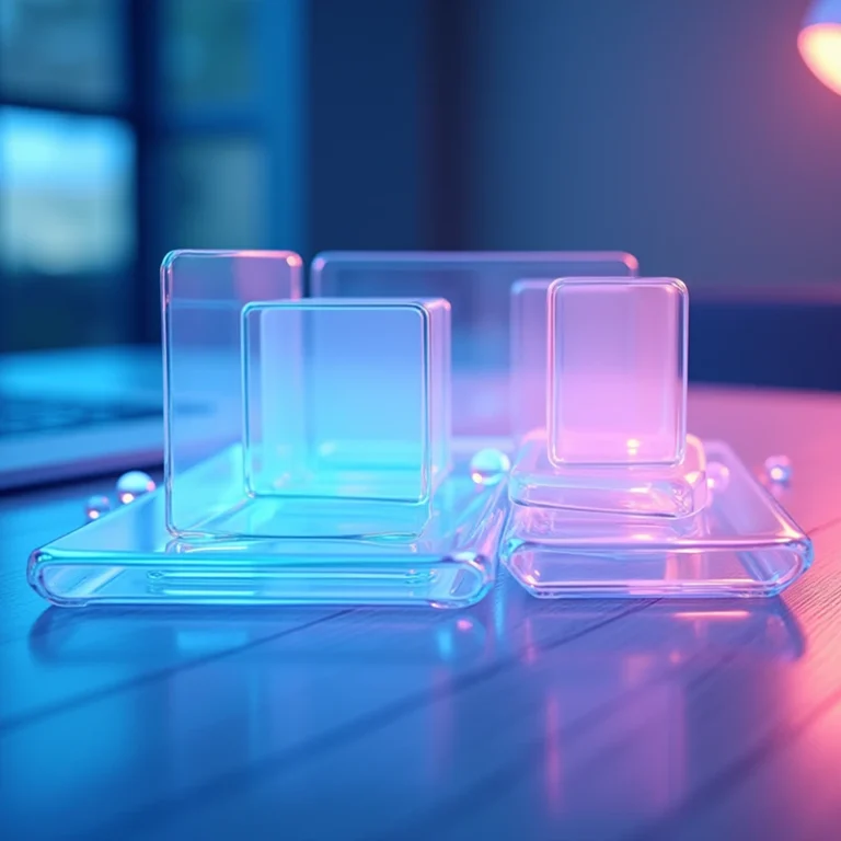 Geometrische Formen aus klarem Glas in verschiedenen Größen stehen auf einem Holztisch, der von blauen und rosa Lichtern beleuchtet wird. Ein verschwommener Laptop deutet auf Rechtsformwahl-Diskussionen hin, während ein Fenster im Hintergrund eine moderne, abstrakte Szene schafft.