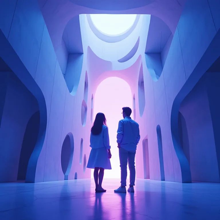 Ein Mann und eine Frau stehen gemeinsam in einem futuristischen Flur mit glatten, geschwungenen Wänden und kreisförmigen Ausschnitten, die von sanftem blauen und rosa Licht erhellt werden, und träumen davon, wie sie sich unter dem großen Oberlicht selbständig machen können.