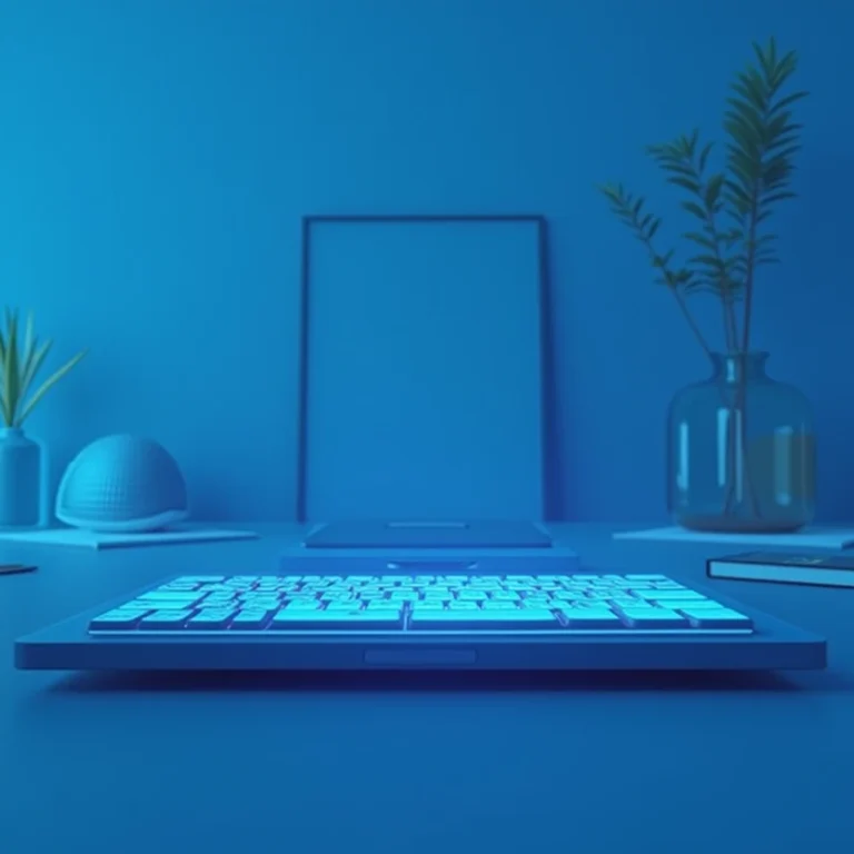 Ein Laptop mit einer leuchtenden Tastatur steht auf einem blauen Schreibtisch, umgeben von Topfpflanzen, einem geschlossenen Notizbuch mit dem Titel "Was kostet eine Gründung" und einer dekorativen Kuppel, alles in blaues Licht getaucht.
