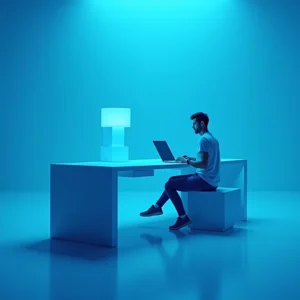 Ein Mann sitzt an einem minimalistischen weißen Schreibtisch mit einem Laptop und einer kubischen Lampe in einem blau beleuchteten Raum mit moderner, futuristischer Atmosphäre und recherchiert zu Themen wie "Was kostet eine Gründung".