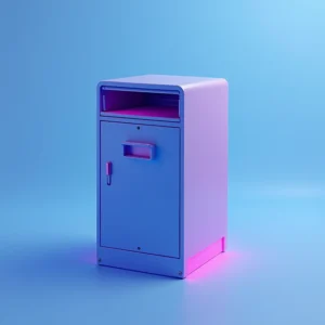 Ein kleines, rechteckiges, pastellblaues Schließfach mit Griff und Schlitz, das von rosa und blauen Lichtern beleuchtet wird, steht auf einem glatten, blauen Hintergrund mit Farbverlauf und erinnert an die organisierte Einfachheit einer Gründung mit digitalem Office.