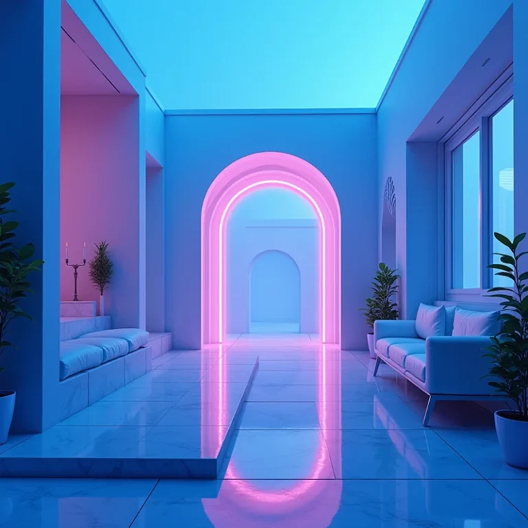 Ein moderner, minimalistischer Raum mit Marmorböden, weißen Sofas, Topfpflanzen und gewölbten Türöffnungen, die von leuchtend rosa Neonröhren vor blauen Wänden beleuchtet werden - perfekt für eine Gründung mit digitalem Office in einer futuristischen Atmosphäre.