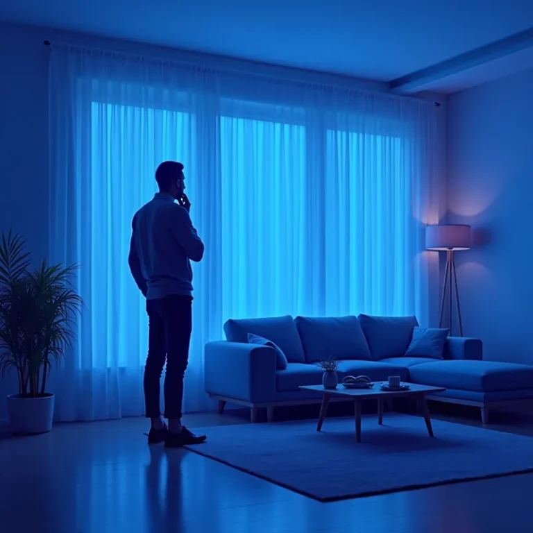 Eine Person steht in einem schwach beleuchteten Wohnzimmer mit blauer Beleuchtung und blickt aus großen, mit Vorhängen versehenen Fenstern - vielleicht denkt sie darüber nach, wie die dauer GmbH gründen kann. Im Raum stehen ein Sofa, eine Stehlampe, eine Topfpflanze und ein Couchtisch mit Tassen.